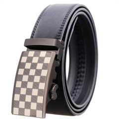 Amedeo Exclusive Men's Black Belt Silver White Black Checkered Buckle Leather - Amedeo Exclusive