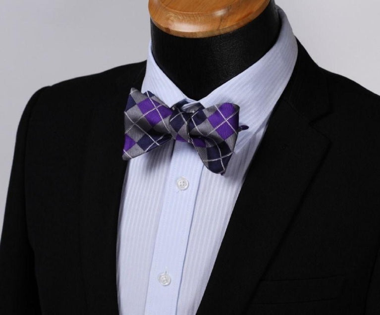 Purple Navy Blue Check Mens Silk Self tie Bow Tie with Pocket Squares Set