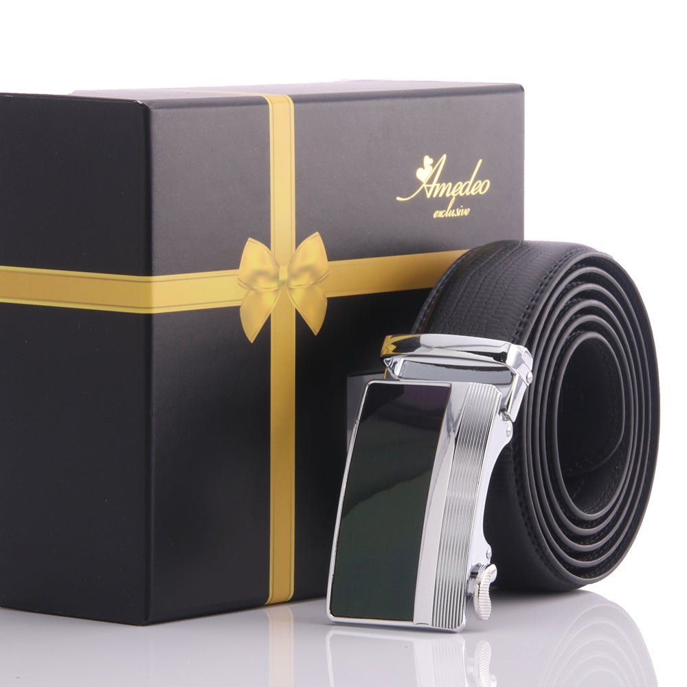 Men's Smart Ratchet No Holes Automatic Buckle Belt in Silver & Black Color - Amedeo Exclusive