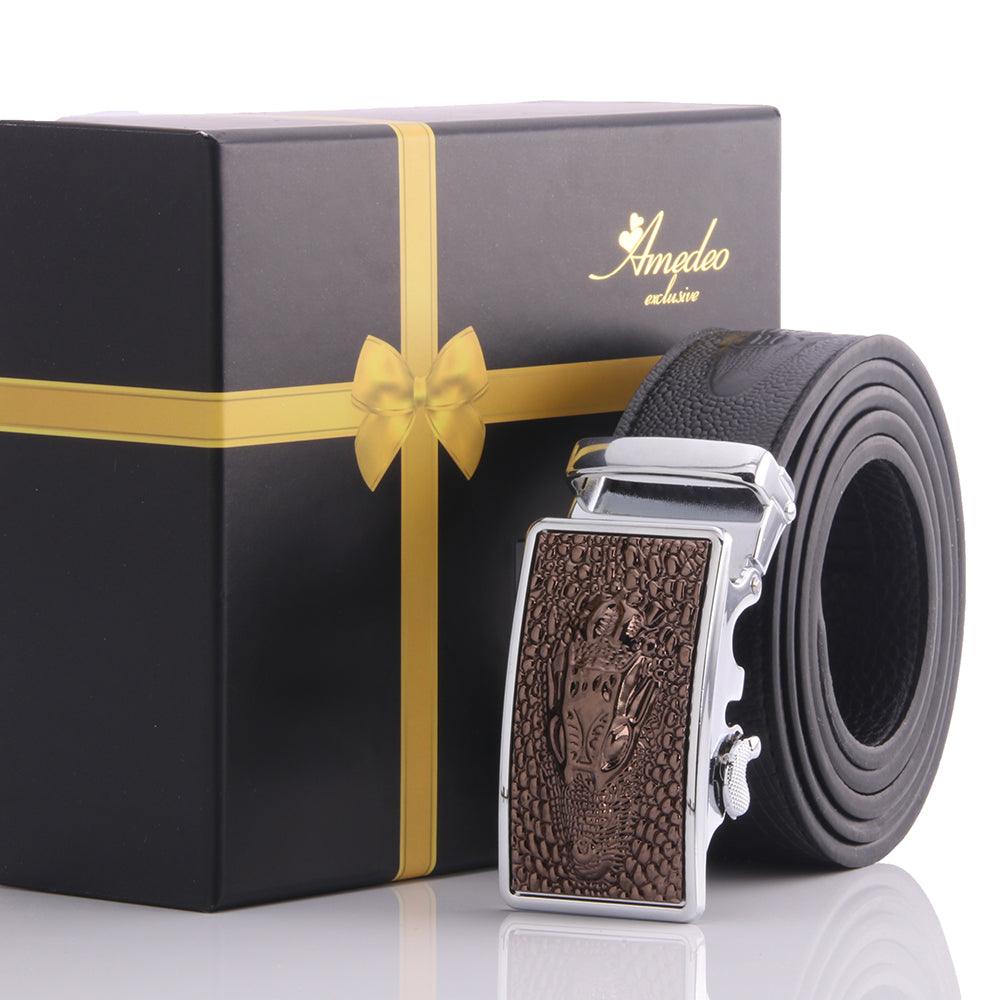 Men's Stainless Steel Black Belt - Brown Dragon Buckle Belt - Amedeo Exclusive