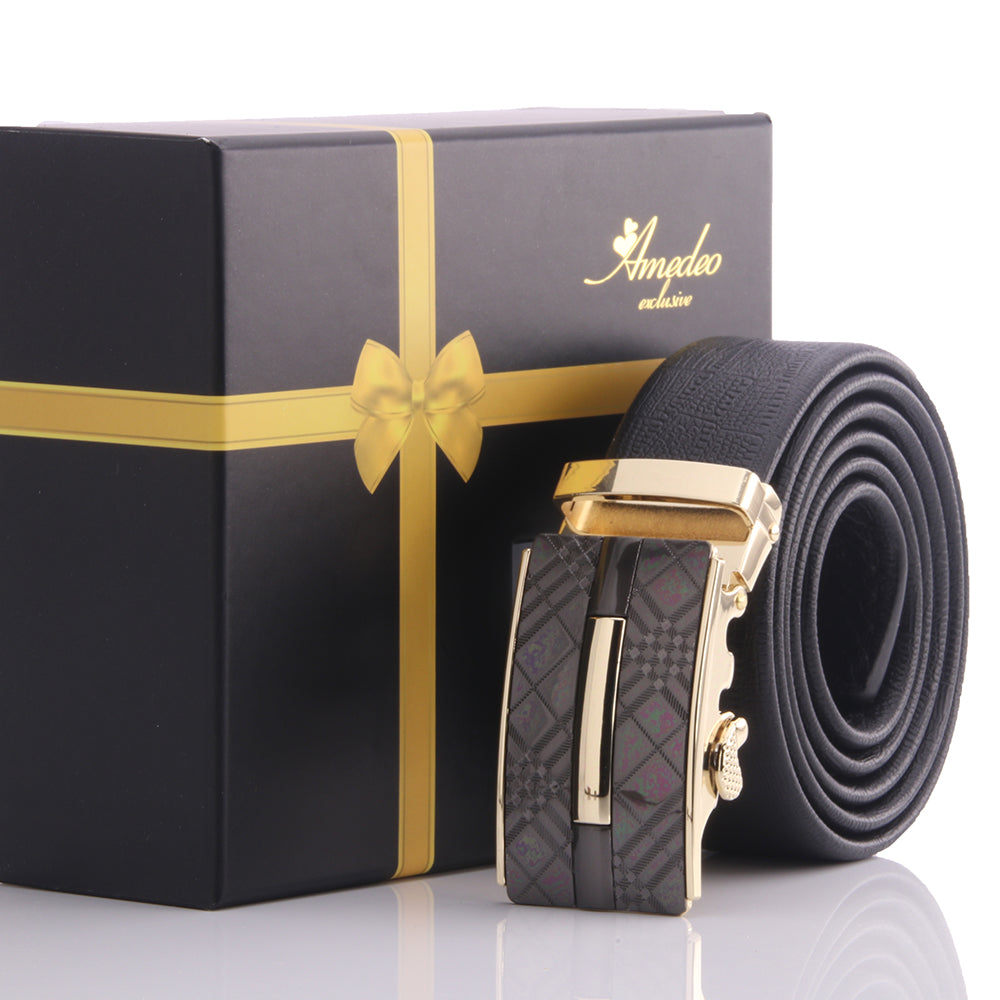 Men's Stainless Steel Black Belt - Gold & Black Buckle Belt - Amedeo Exclusive