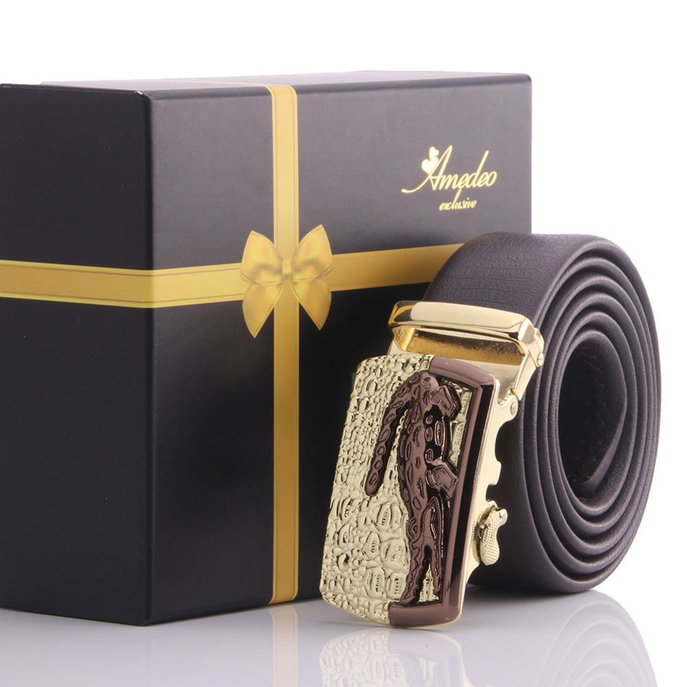 Men's Smart Ratchet No Holes Automatic Buckle Belt in Gold & Brown Color - Amedeo Exclusive