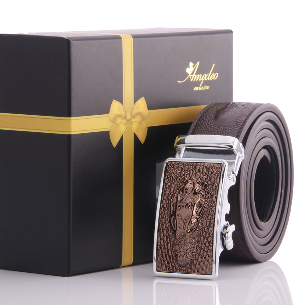 Men's Stainless Steel Brown Belt - Brown Dragon Buckle Belt - Amedeo Exclusive