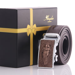 Men's Stainless Steel Brown Belt - Brown Dragon Buckle Belt - Amedeo Exclusive