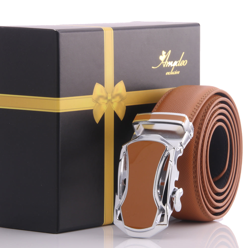 Men's Stainless Steel Tan Belt - Tan Buckle Belt - Amedeo Exclusive