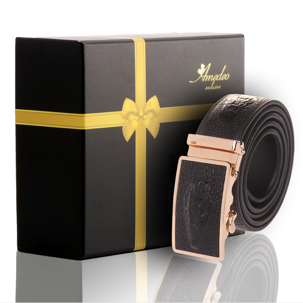 Men's Smart Ratchet No Holes Automatic Buckle Belt in Black & Gold Color - Amedeo Exclusive