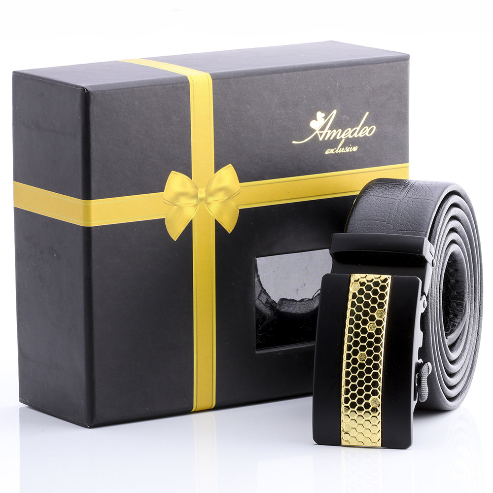 Men's Stainless Steel Black Belt with Gold & Black Buckle - Amedeo Exclusive