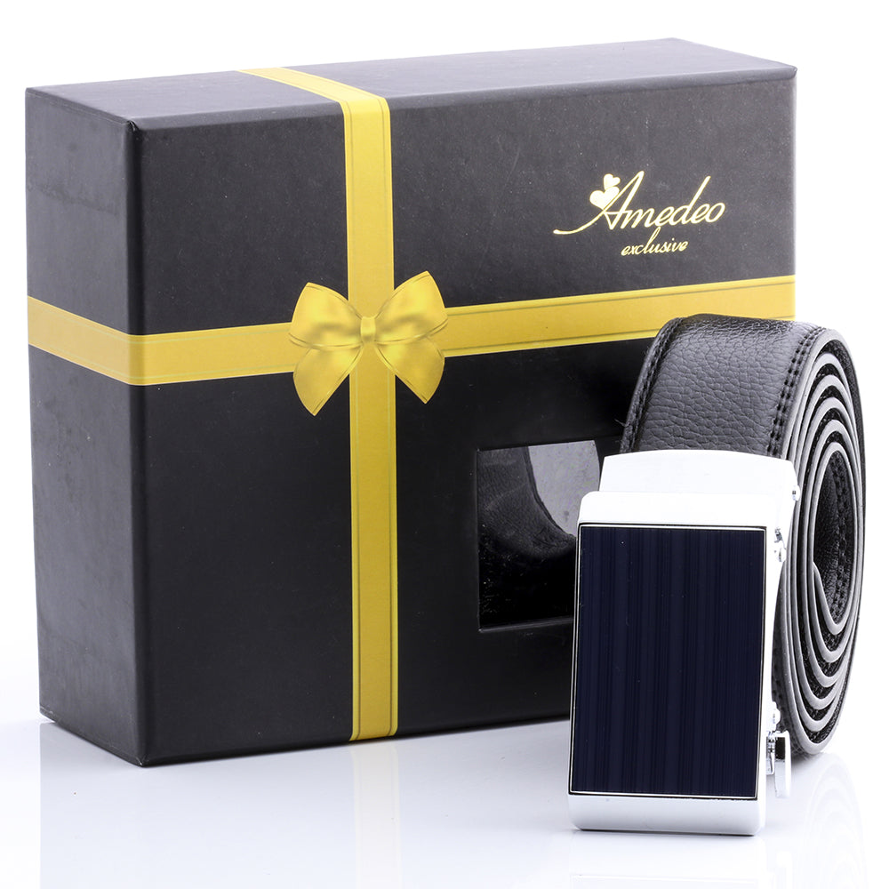 Men's Stainless Steel Black Belt with Silver Blue Buckle - Amedeo Exclusive