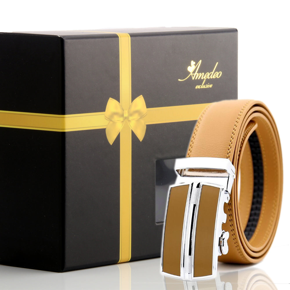 Men's Smart Ratchet No Holes Automatic Buckle Belt in Tan & Silver Color - Amedeo Exclusive