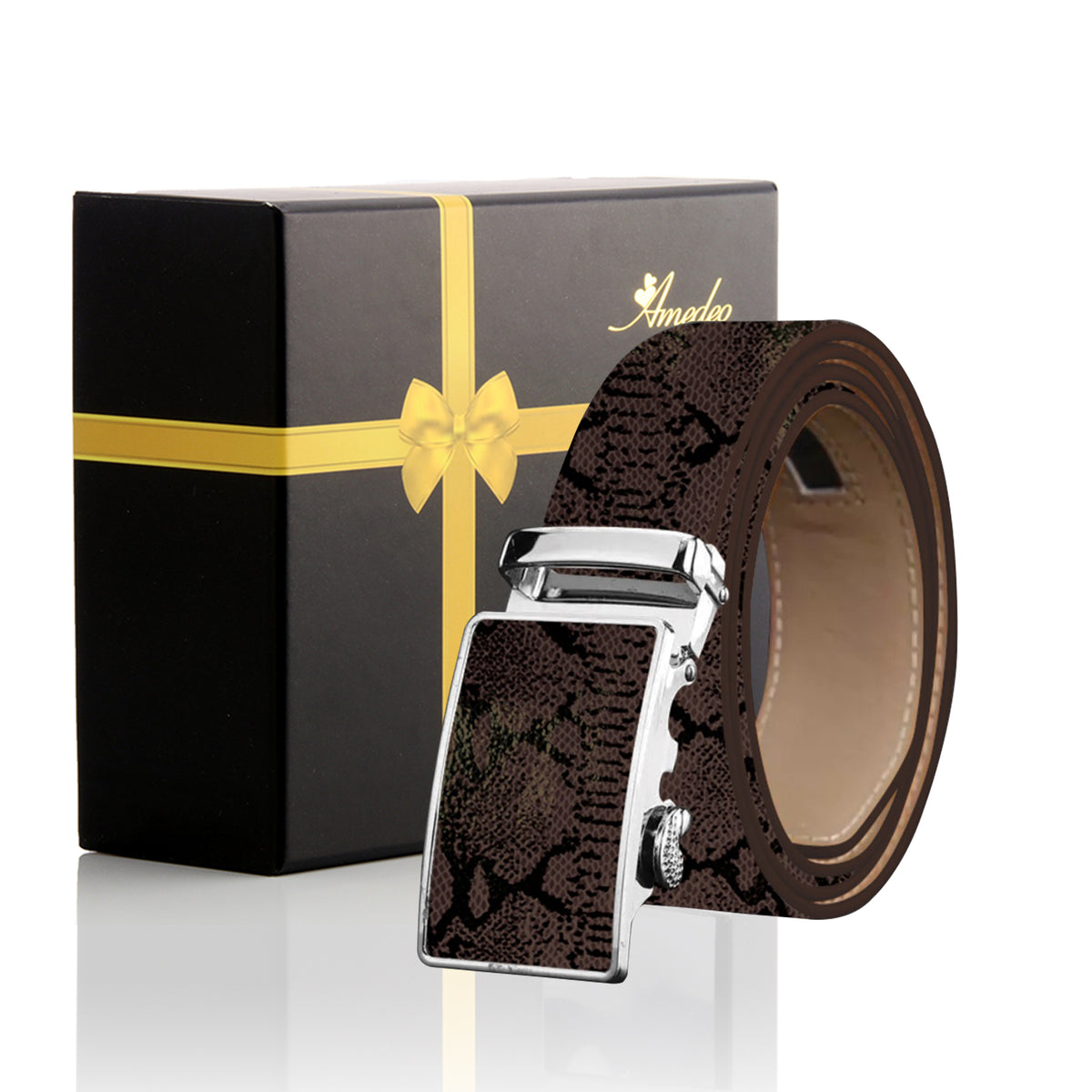 Men's Smart Ratchet No Holes Automatic Buckle Belt in Snake Skin - Brown Color - Amedeo Exclusive