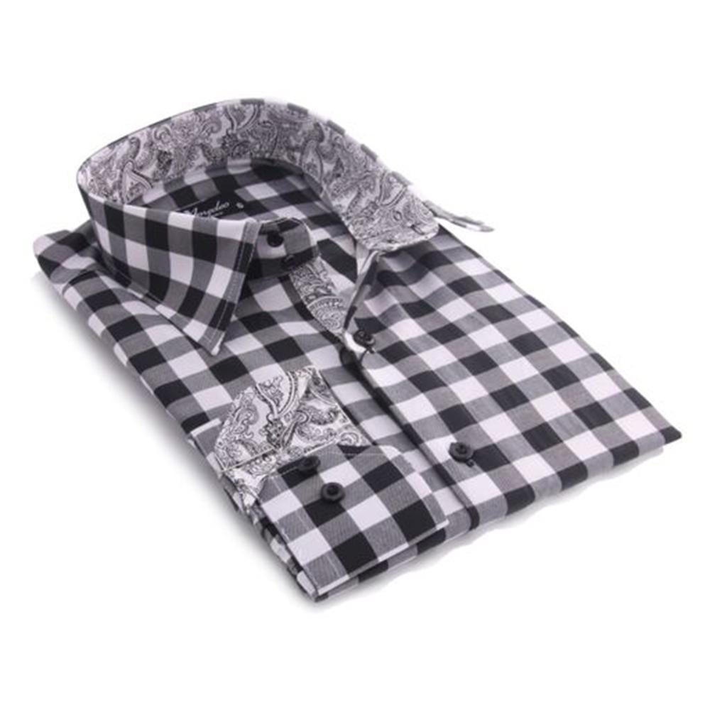 Black & White Check Mens Slim Fit Designer Dress Shirt - tailored Cotton Shirts for Work and - Amedeo Exclusive