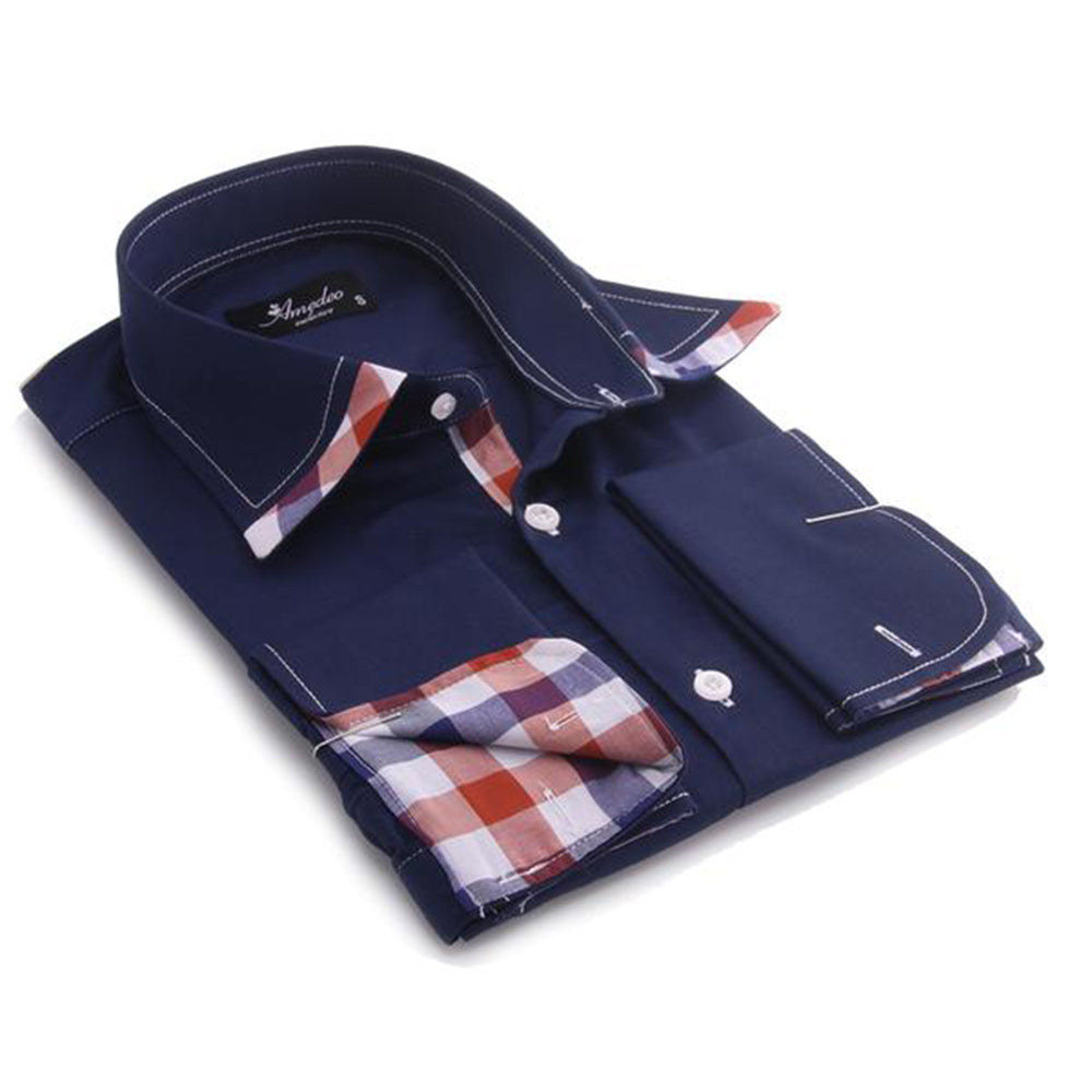 Navy Blue Colorful Check Mens Slim Fit Designer Dress Shirt - tailored Cotton Shirts for Work and - Amedeo Exclusive
