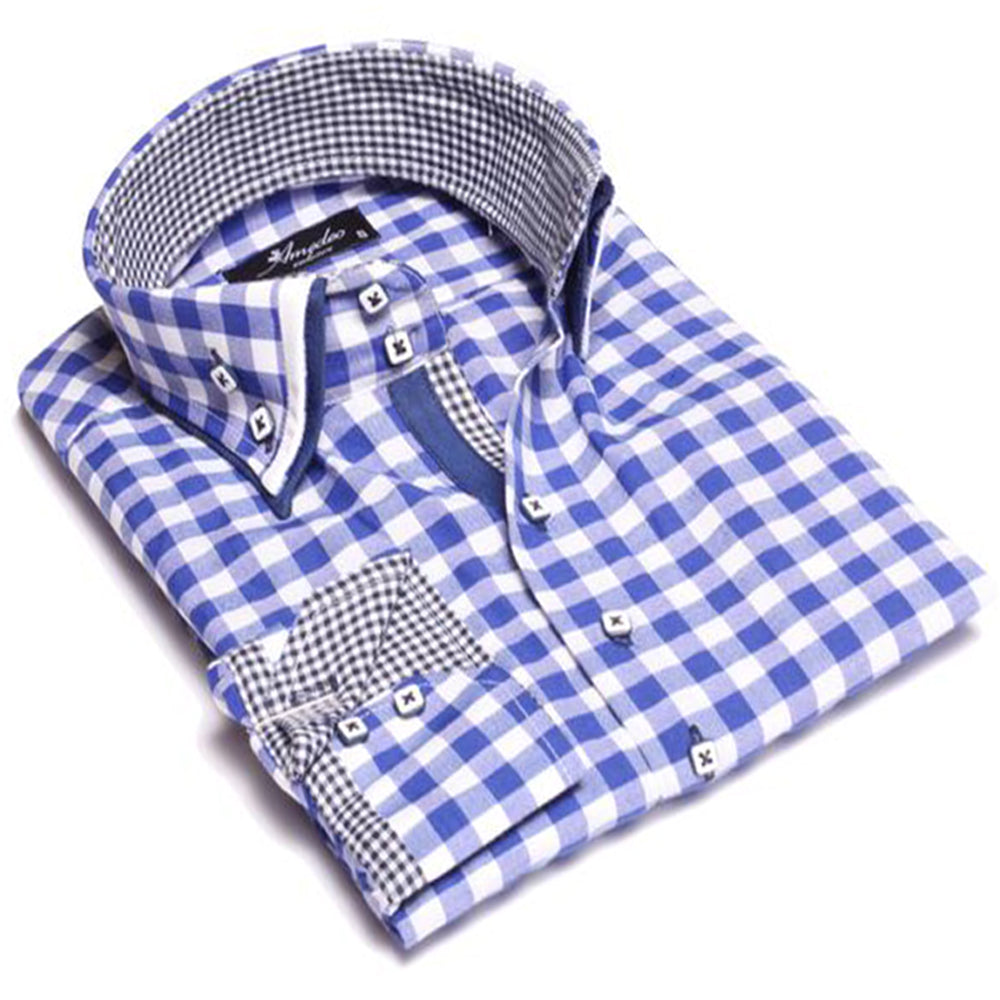 Checkered Blue & White Mens Slim Fit Designer Dress Shirt - tailored Cotton Shirts for Work and - Amedeo Exclusive