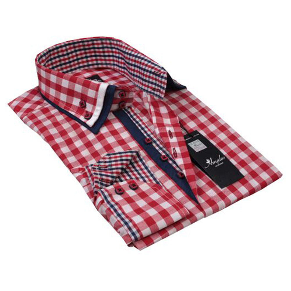 Red White Checkered Mens Slim Fit Designer Dress Shirt - tailored Cotton Shirts for Work and - Amedeo Exclusive