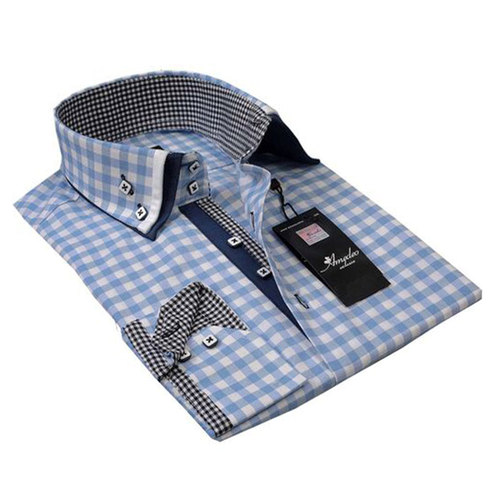 Light Blue Checkered Mens Slim Fit Designer Dress Shirt - tailored Cotton Shirts for Work and Casual - Amedeo Exclusive