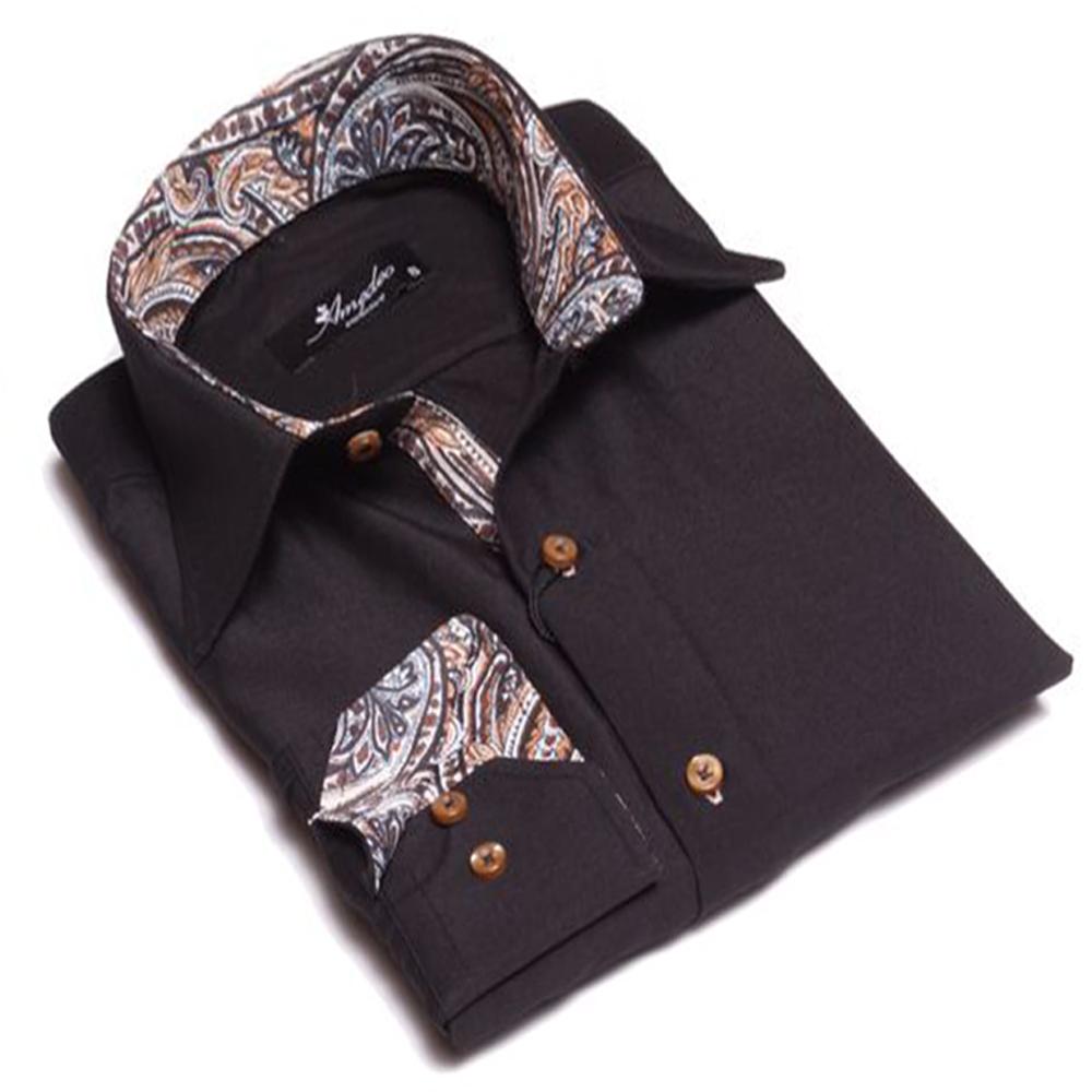 Black with Tan Paisley Mens Slim Fit Designer Dress Shirt - tailored Cotton Shirts for Work and - Amedeo Exclusive