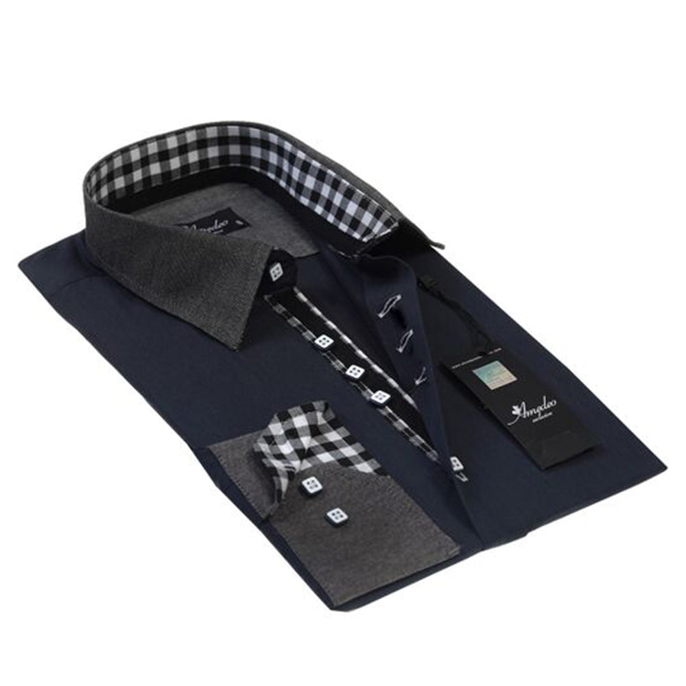 Navy Blue Mens Slim Fit Designer Dress Shirt - tailored Cotton Shirts for Work and Casual Wear - Amedeo Exclusive