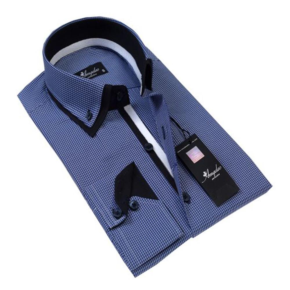 Blue Checkers Mens Slim Fit Designer Dress Shirt - tailored Cotton Shirts for Work and Casual Wear - Amedeo Exclusive
