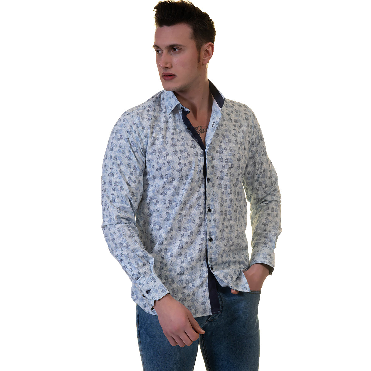 Light Blue Floral Mens Slim Fit Designer Dress Shirt - tailored Cotton Shirts for Work and Casual Wear