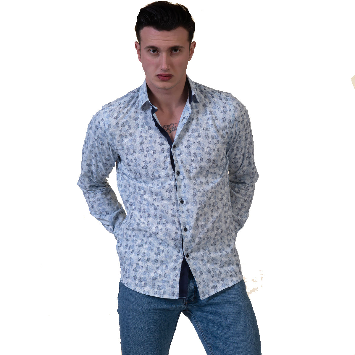 Light Blue Floral Mens Slim Fit Designer Dress Shirt - tailored Cotton Shirts for Work and Casual Wear