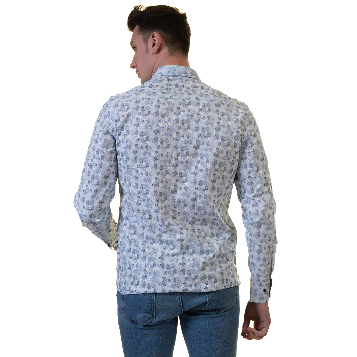 Light Blue Floral Mens Slim Fit Designer Dress Shirt - tailored Cotton Shirts for Work and Casual Wear