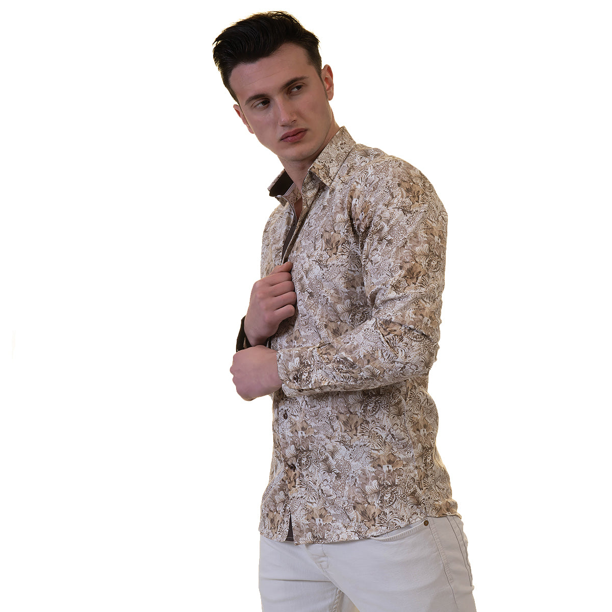 Beige Mens Slim Fit Designer Dress Shirt - tailored Cotton Shirts for Work and Casual Wear