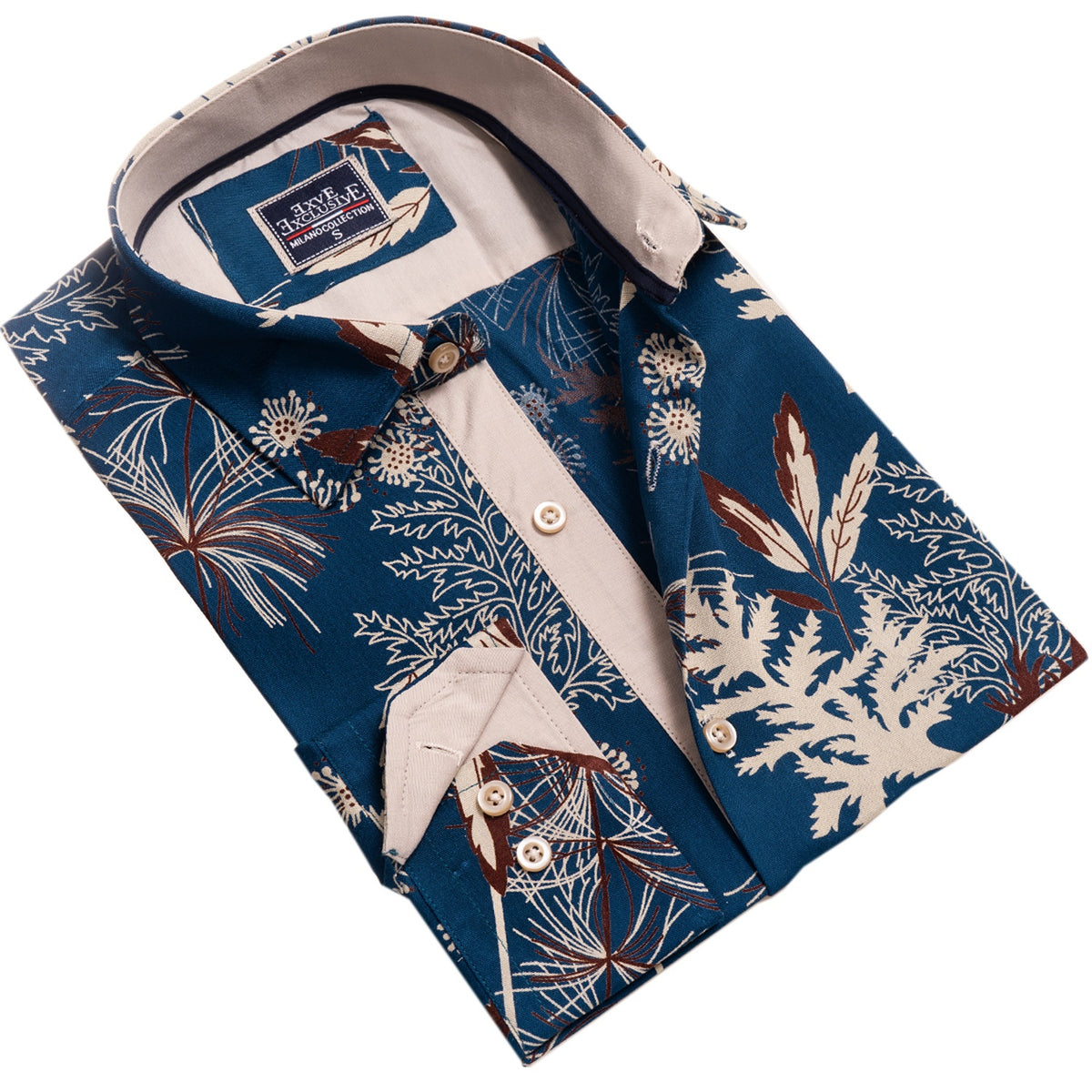 Blue Floral Mens Slim Fit Designer French Cuff Shirt - tailored Cotton Shirts for Work and Casual Wear