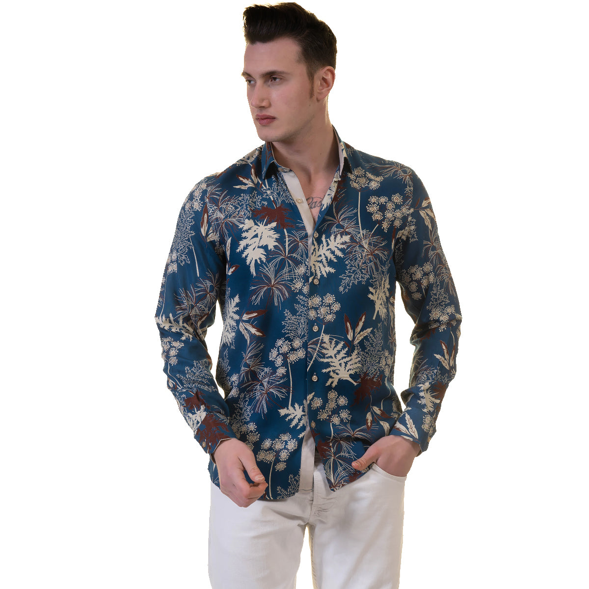 Blue Floral Mens Slim Fit Designer French Cuff Shirt - tailored Cotton Shirts for Work and Casual Wear