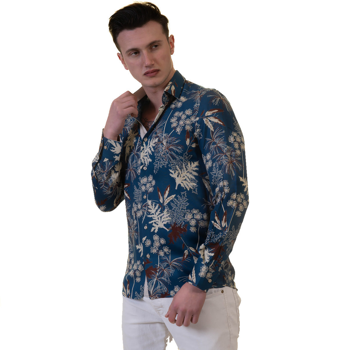 Blue Floral Mens Slim Fit Designer French Cuff Shirt - tailored Cotton Shirts for Work and Casual Wear