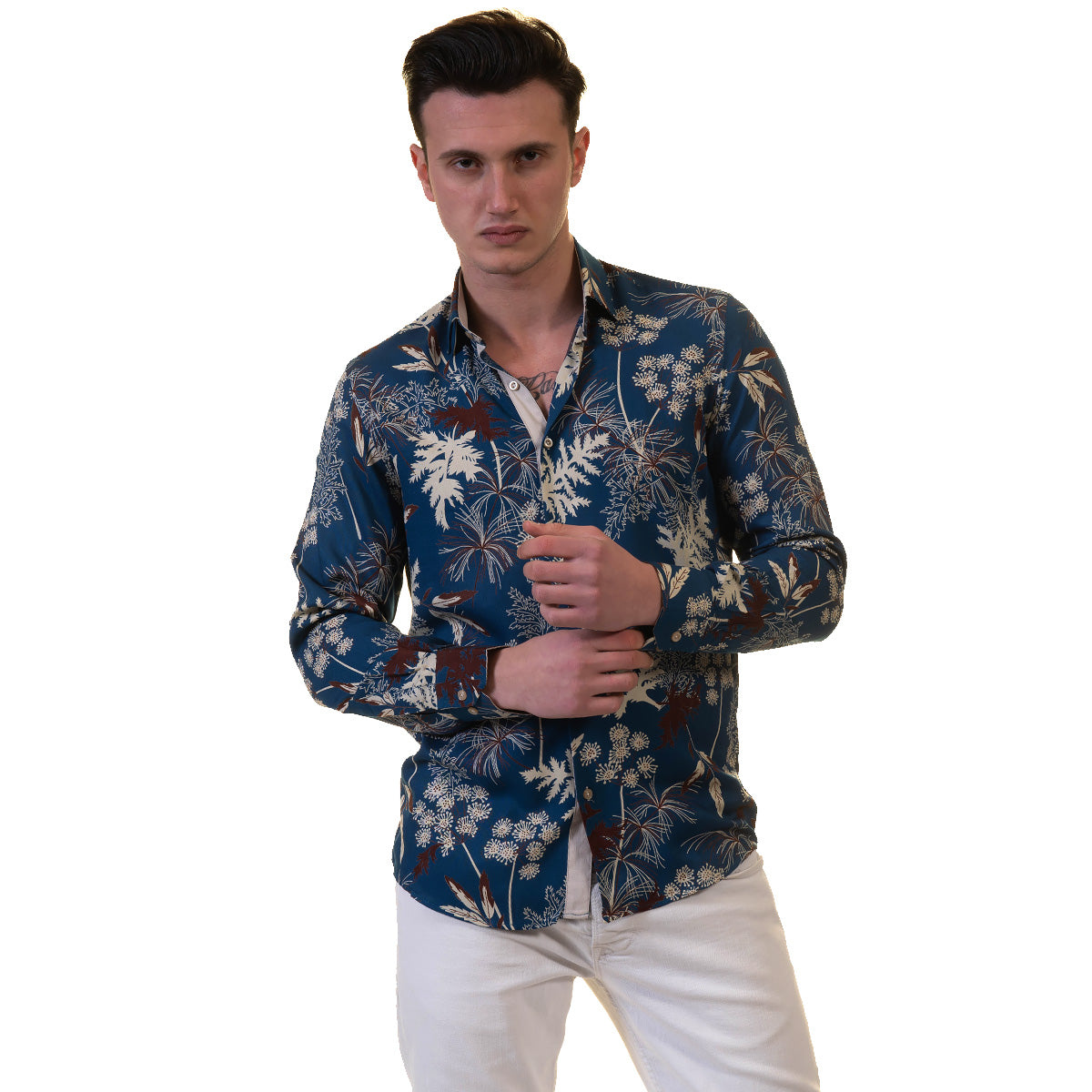 Blue Floral Mens Slim Fit Designer French Cuff Shirt - tailored Cotton Shirts for Work and Casual Wear