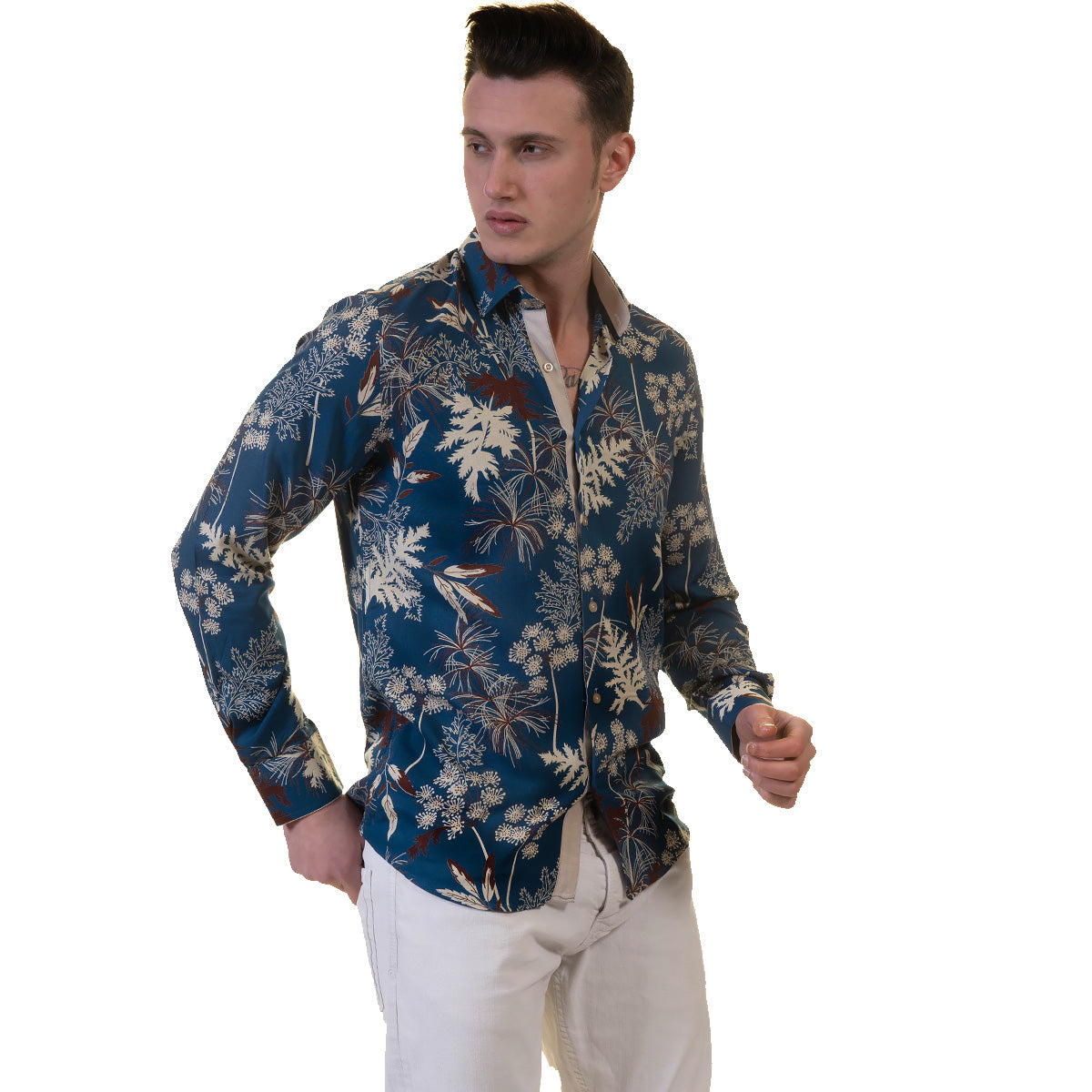 Blue Floral Mens Slim Fit Designer French Cuff Shirt - tailored Cotton Shirts for Work and Casual Wear