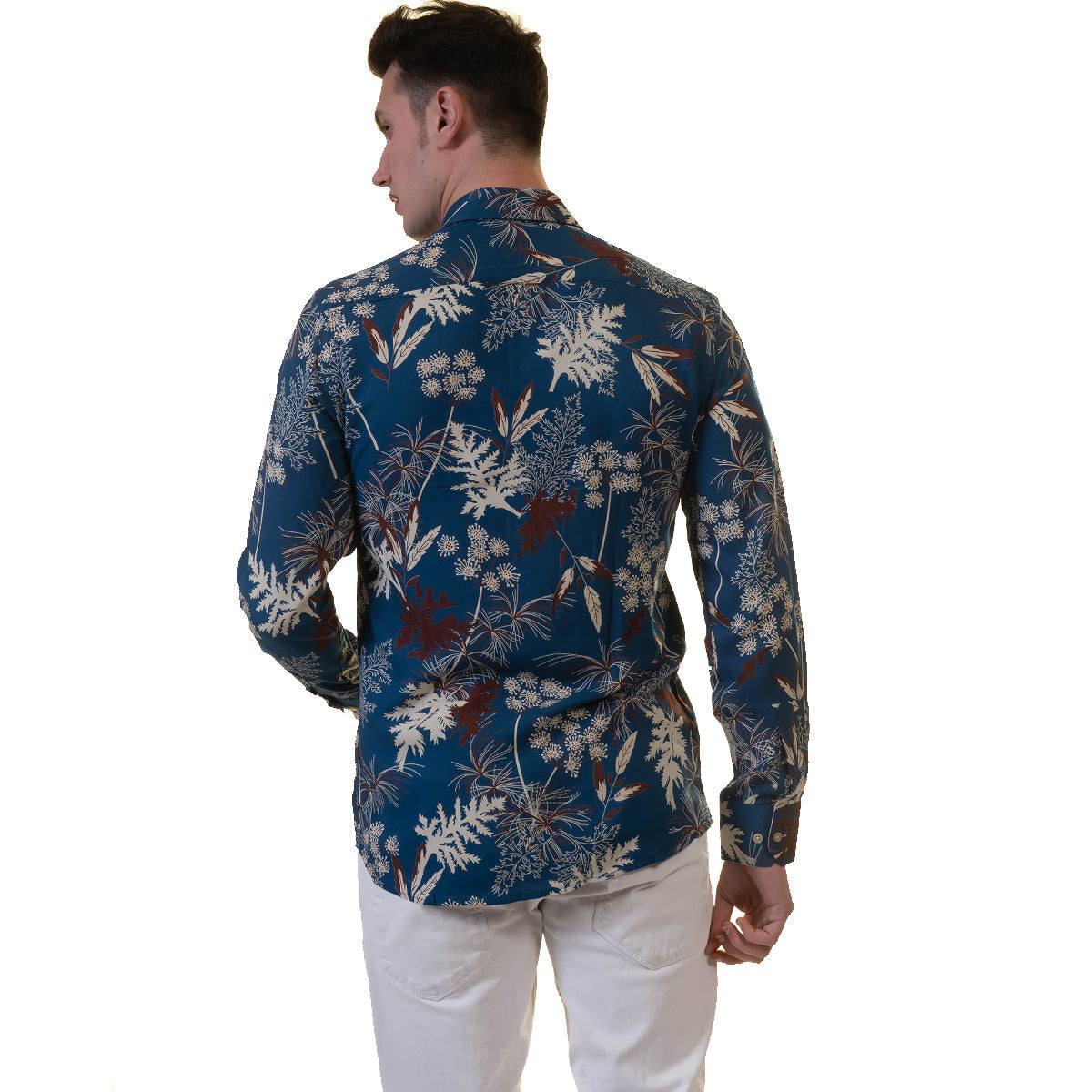 Blue Floral Mens Slim Fit Designer French Cuff Shirt - tailored Cotton Shirts for Work and Casual Wear