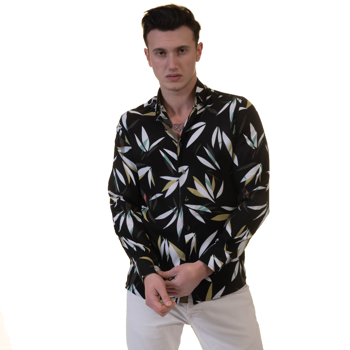 Black Floral Mens Slim Fit Designer Dress Shirt tailored Cotton Shirts for Work and Casual Wear