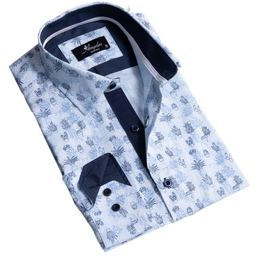Blue Printed Mens Slim Fit Designer Dress Shirt - tailored Cotton Shirts for Work and Casual Wear