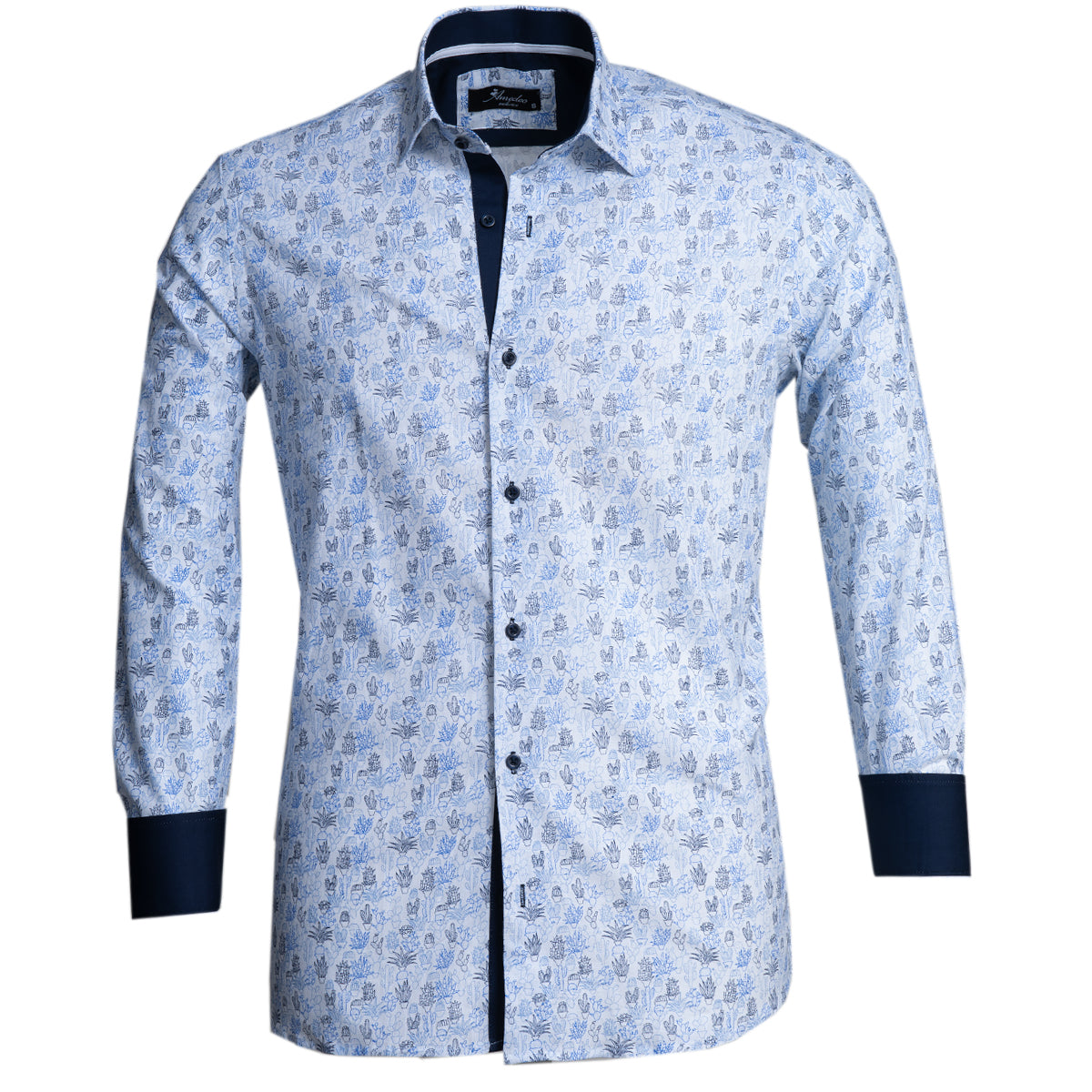 Blue Printed Mens Slim Fit Designer Dress Shirt - tailored Cotton Shirts for Work and Casual Wear
