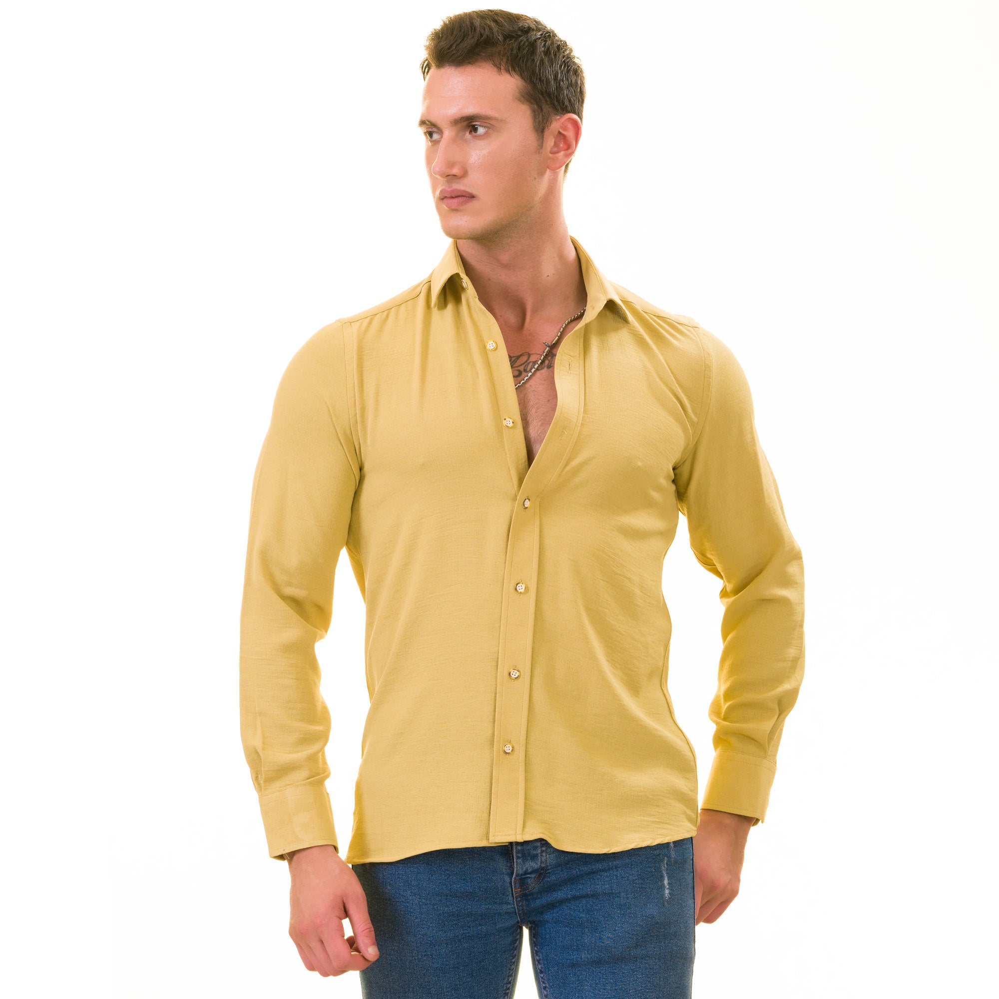 Mustard Colored Luxury Men's Tailor Fit Button Up European Made Linen Shirts