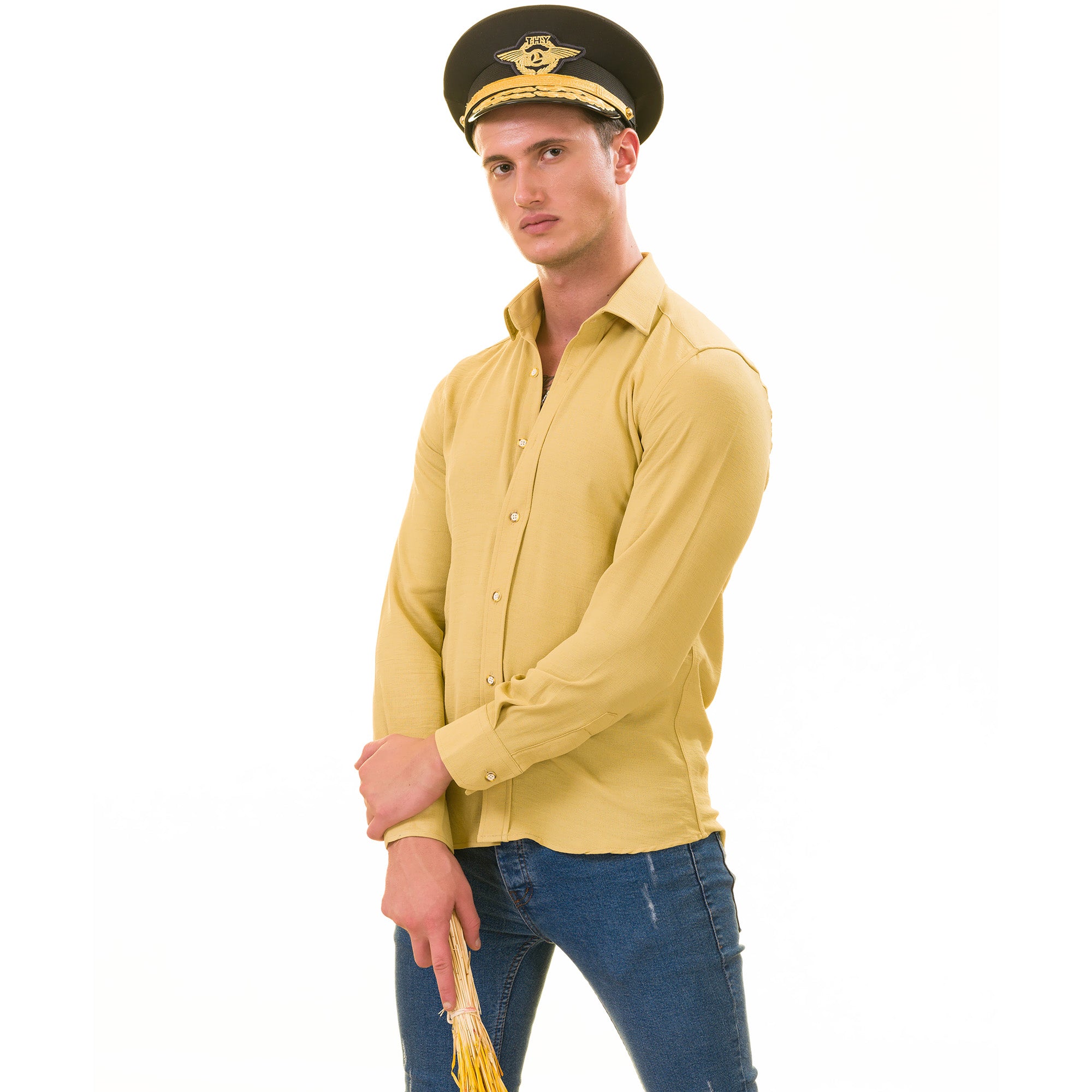 Mustard Colored Luxury Men's Tailor Fit Button Up European Made Linen Shirts