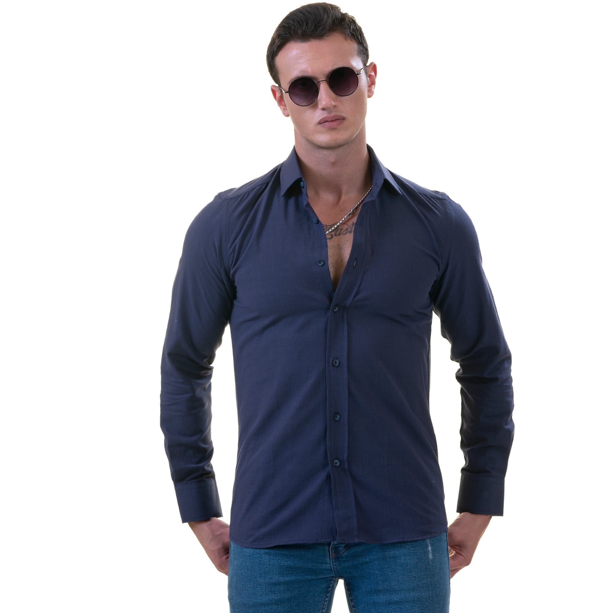 Dark Blue Luxury Men's Tailor Fit Button Up European Made Linen Shirts