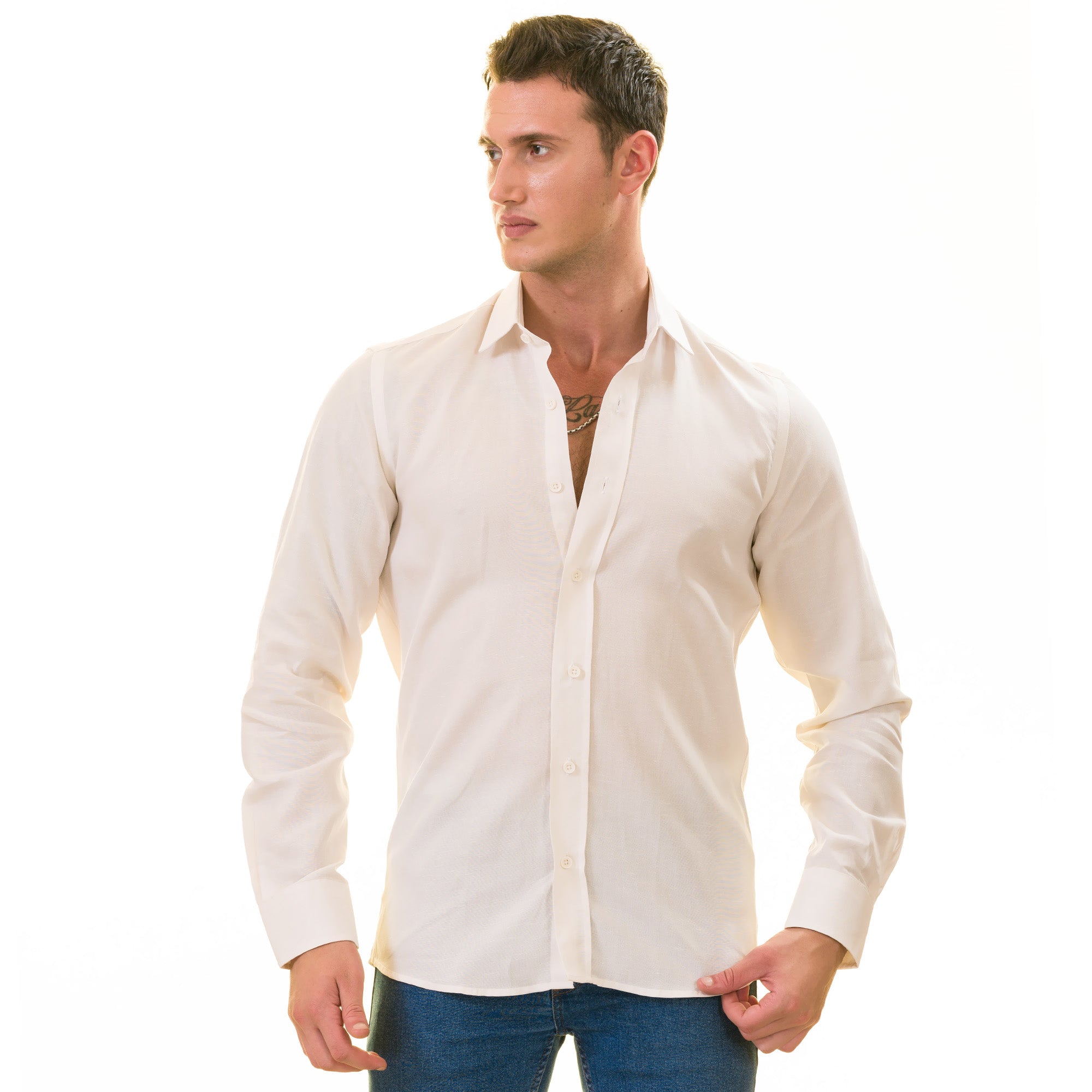 Off-White Luxury Men's Tailor Fit Button Up European Made Linen