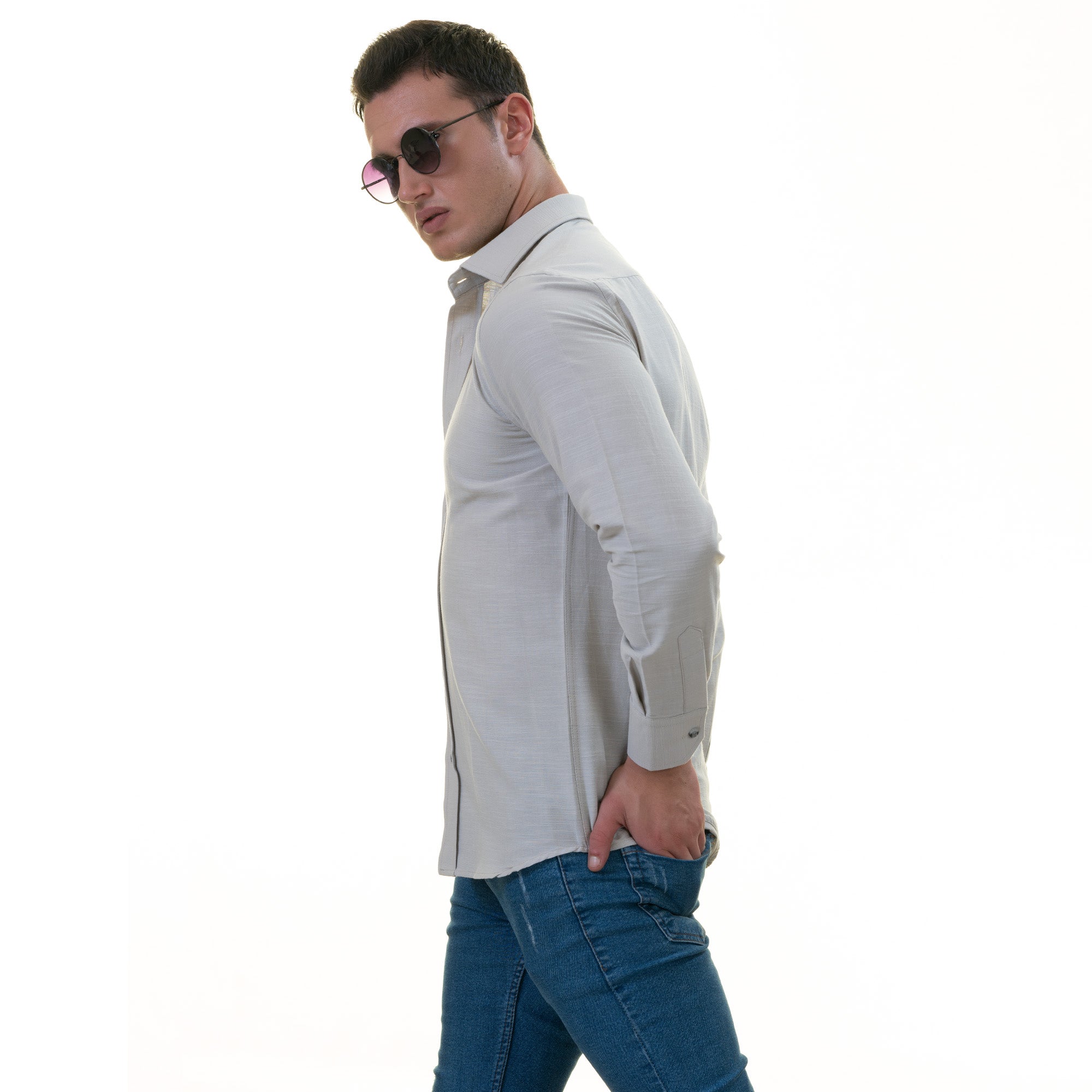 Light Gray Luxury Men's Tailor Fit Button Up European Made Linen Shirts