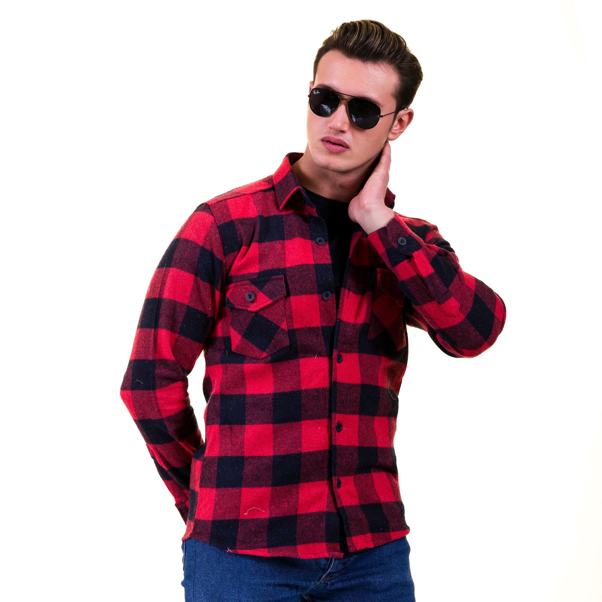 Red Black Check Mens Slim Fit Designer Dress Shirt - tailored Cotton Shirts for Work and Casual Wear