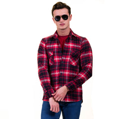 Red Black White Check Mens Slim Fit Designer Dress Shirt - tailored Cotton Shirts for Work and Casual Wear