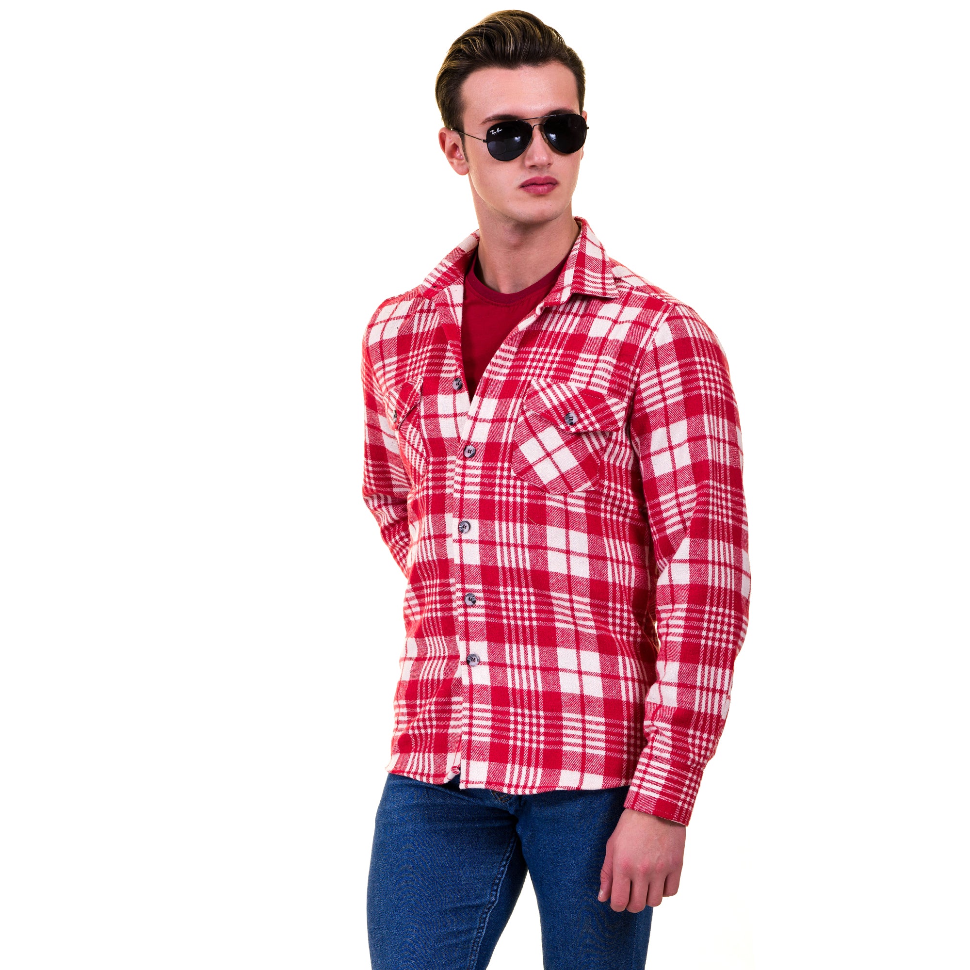 Red White Check Mens Slim Fit Designer Dress Shirt - tailored Cotton Shirts for Work and Casual Wear