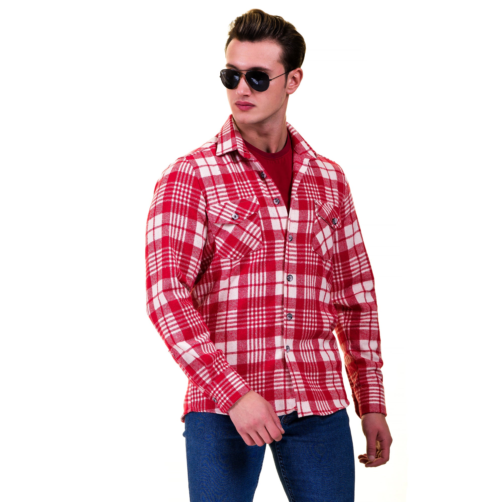 Red White Check Mens Slim Fit Designer Dress Shirt - tailored Cotton Shirts for Work and Casual Wear