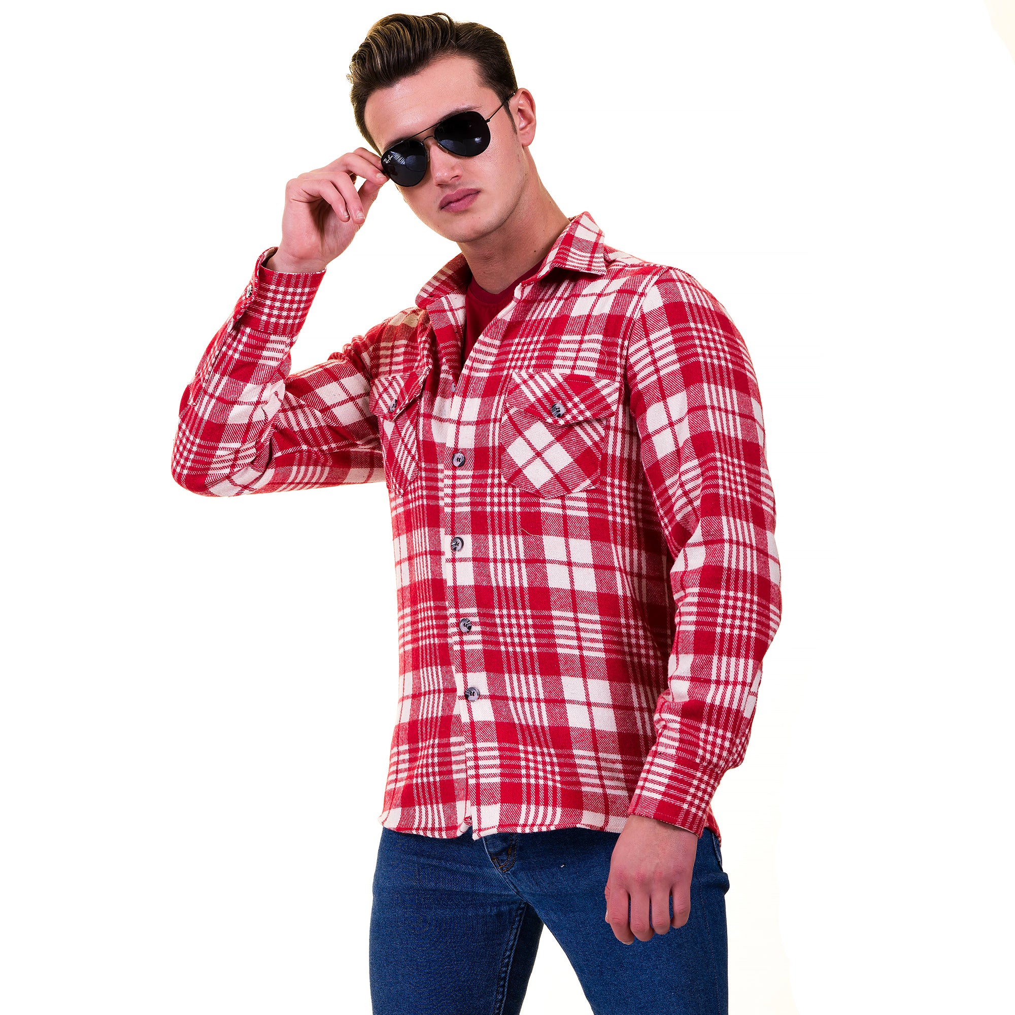 Red White Check Mens Slim Fit Designer Dress Shirt - tailored Cotton Shirts for Work and Casual Wear