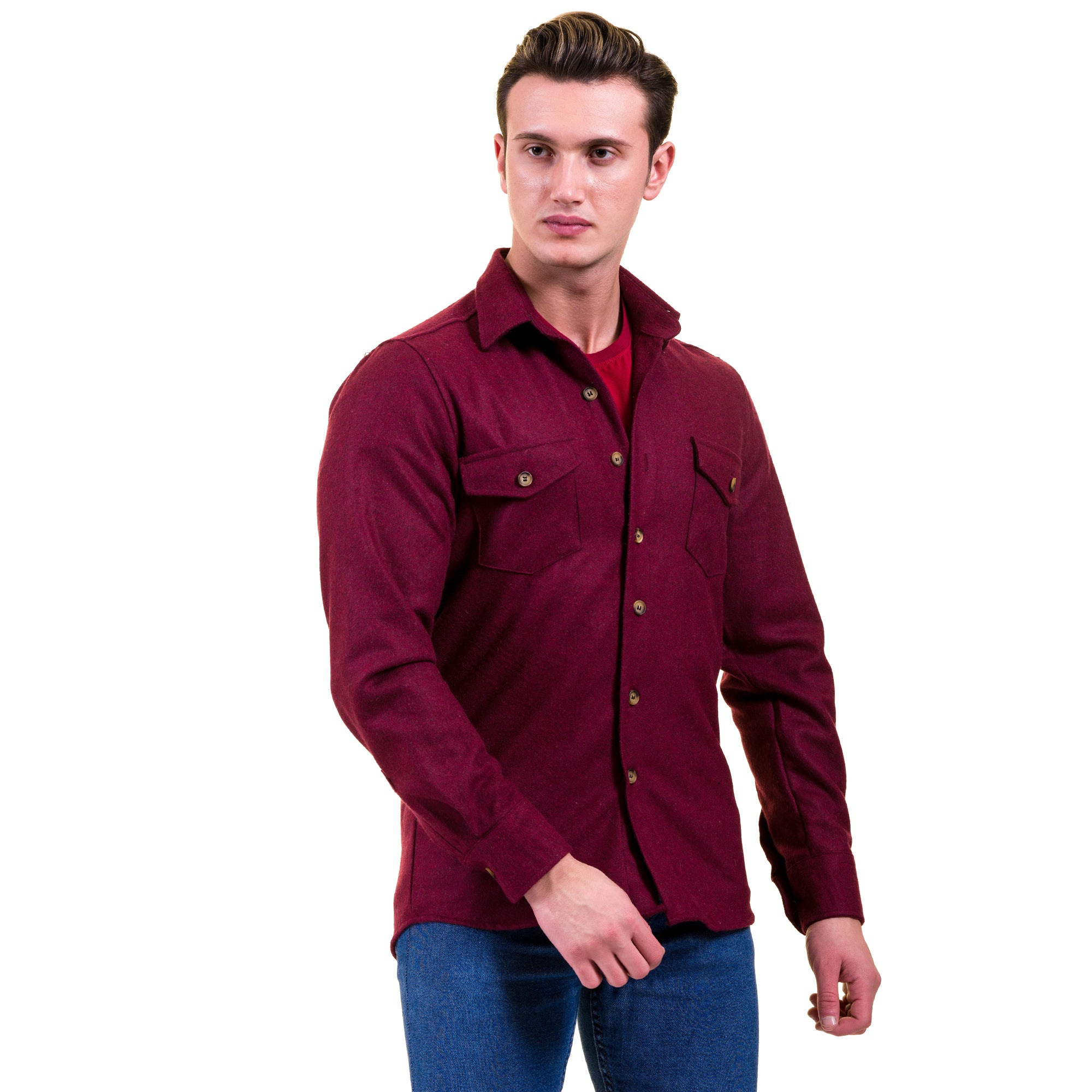 Solid Burgandy Mens Slim Fit Designer Dress Shirt - tailored Cotton Shirts for Work and Casual Wear
