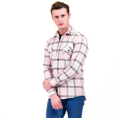 Salmon Pink White Check Mens Slim Fit Designer Dress Shirt - tailored Cotton Shirts for Work and Casual Wear