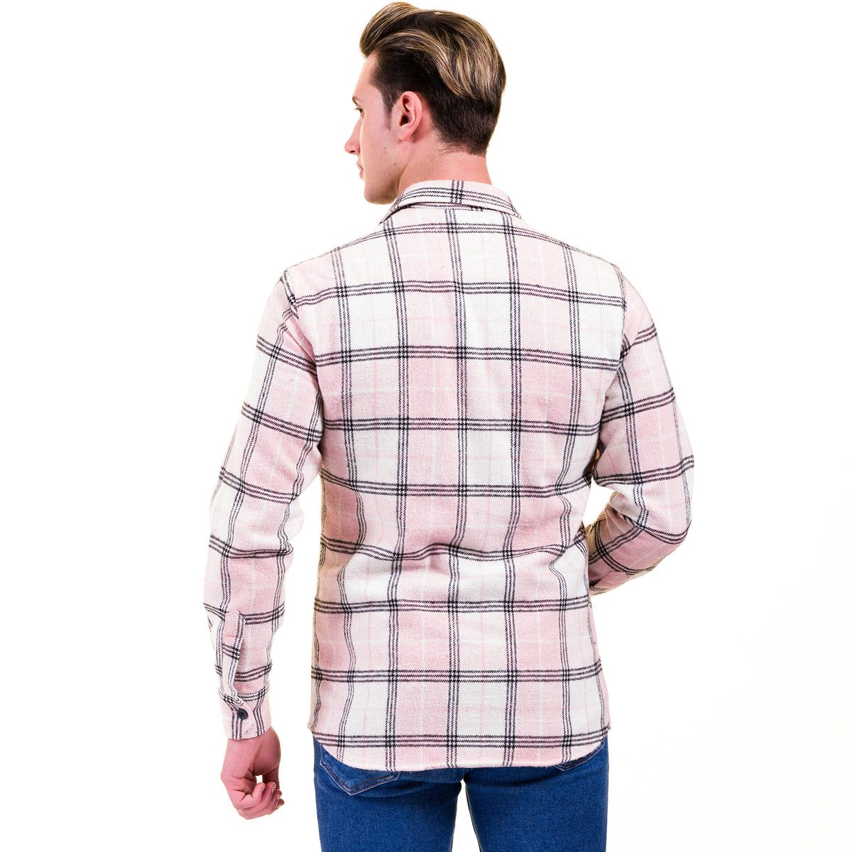 Salmon Pink White Check Mens Slim Fit Designer Dress Shirt - tailored Cotton Shirts for Work and Casual Wear
