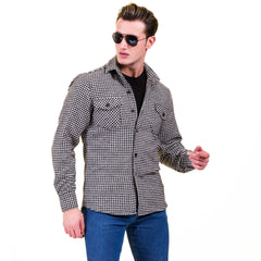 Black White Harringbone Mens Slim Fit Designer French Cuff Shirt - tailored Cotton Shirts for Work and Casual Wear