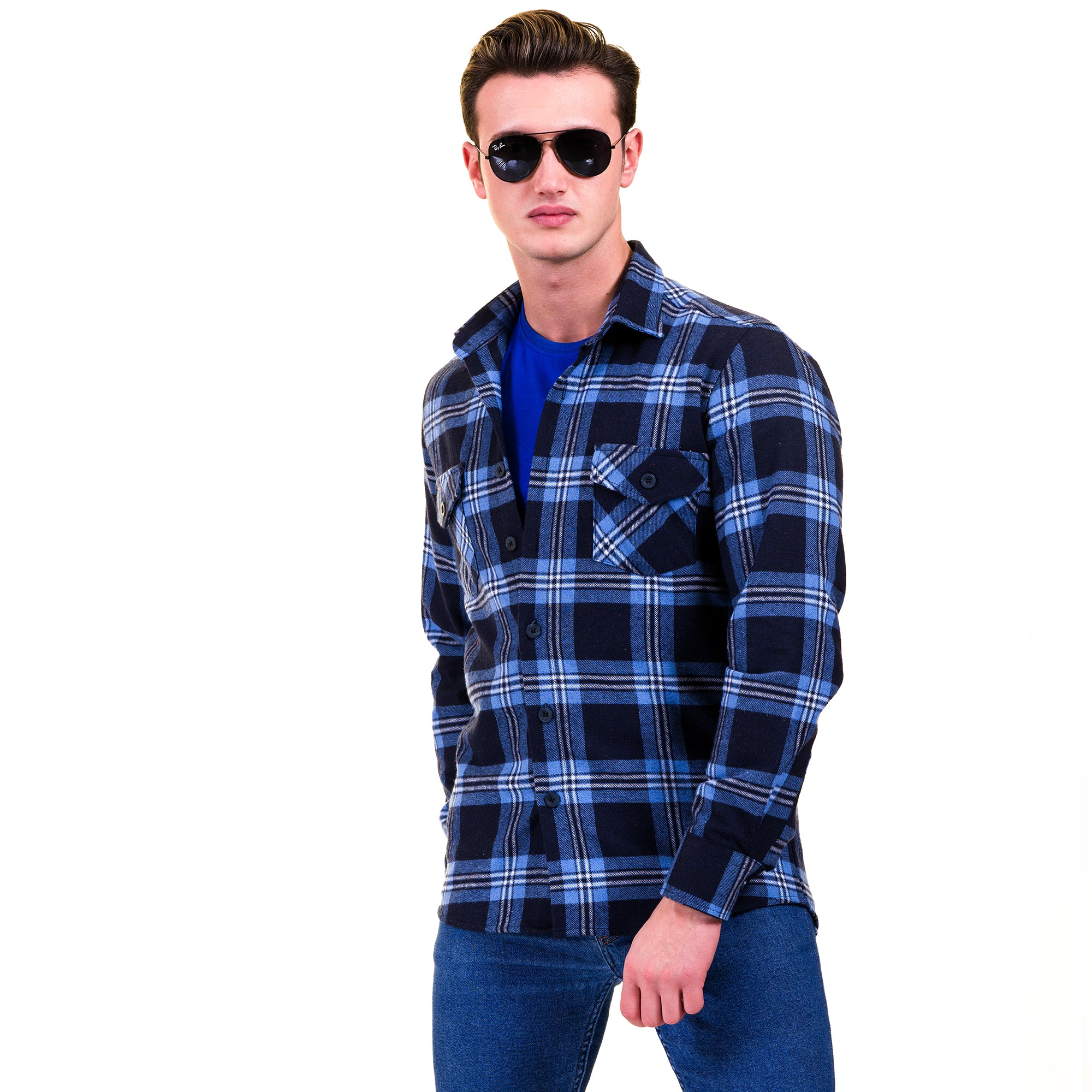 Blue Black Check Mens Slim Fit Designer French Cuff Shirt - tailored Cotton Shirts for Work and Casual Wear